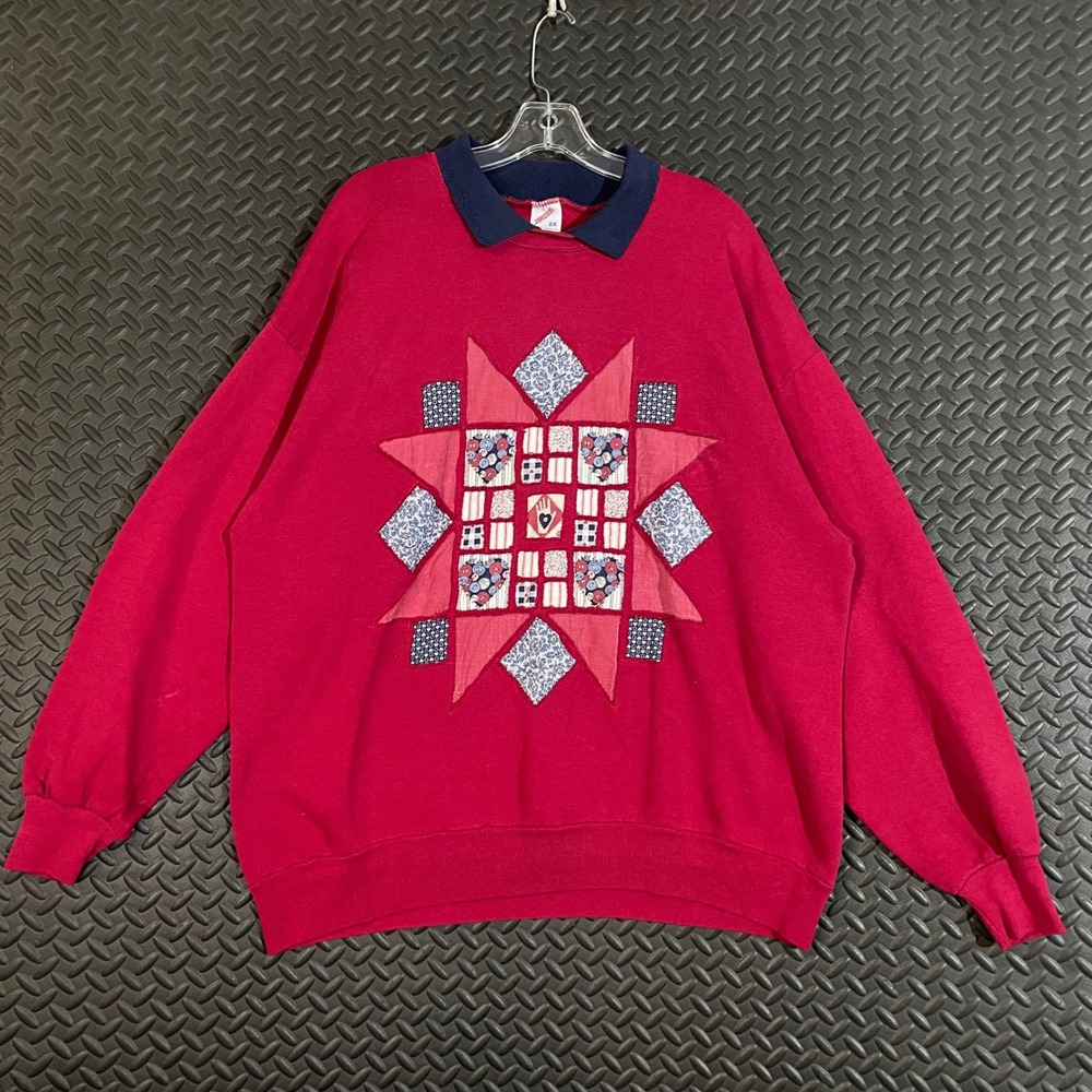 Vintage JERZEES Red Collar Heart Print Pullover Crew Neck Sweater Women's 2X
